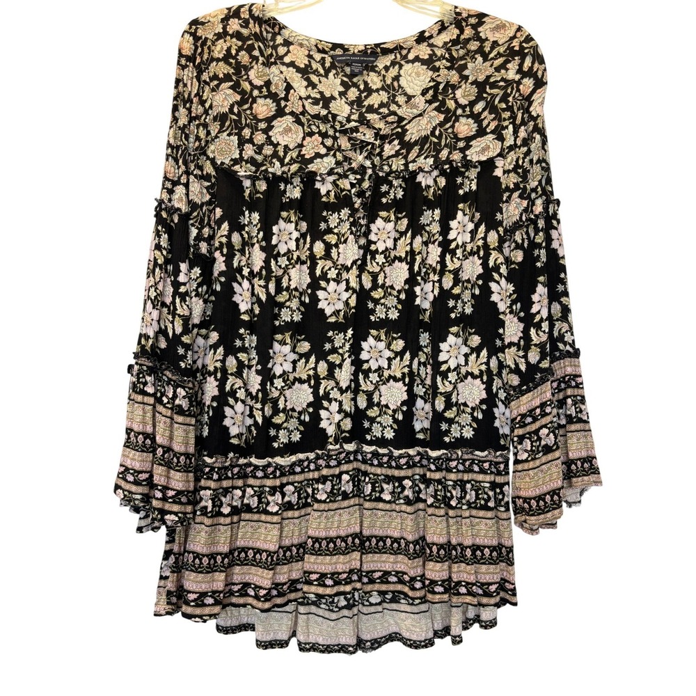 American Eagle Boho Floral Tunic Top Criss Cross V-neck Bell Sleeves